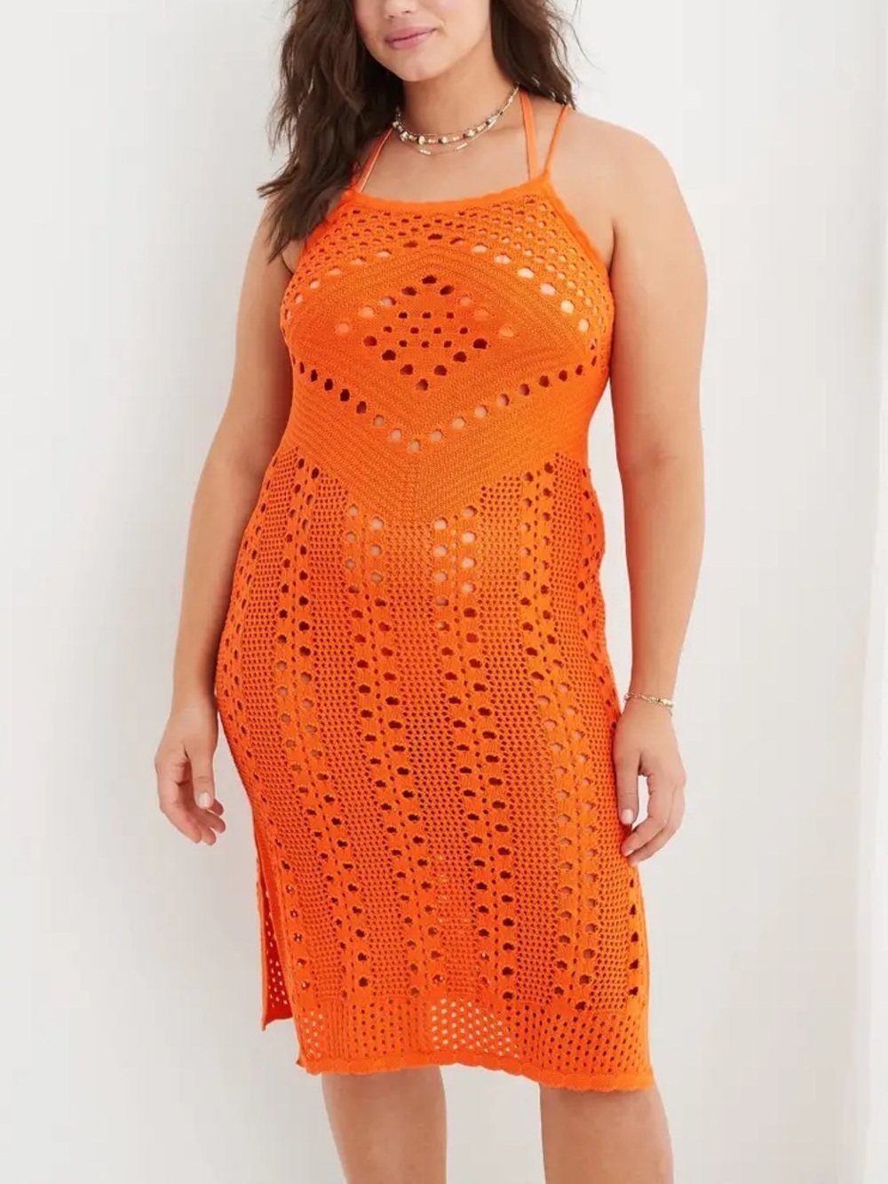 Aerie Orange Crochet Knit Swim Beach Cover Up Dress Size Large Vacation Bohemian